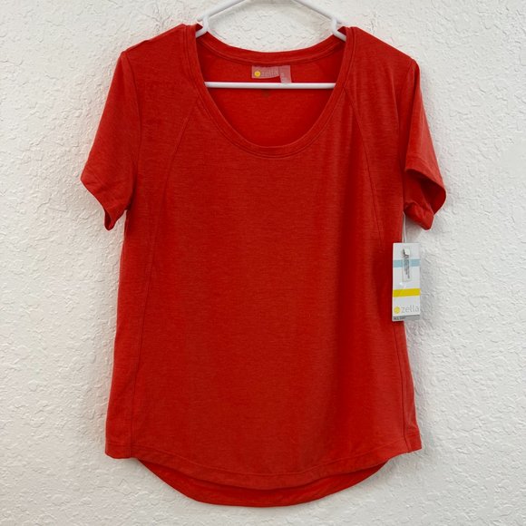 Zella Womens Pullover Top Shirt Orange Short Sleeve Scoop Neck Stretch - Picture 1 of 7